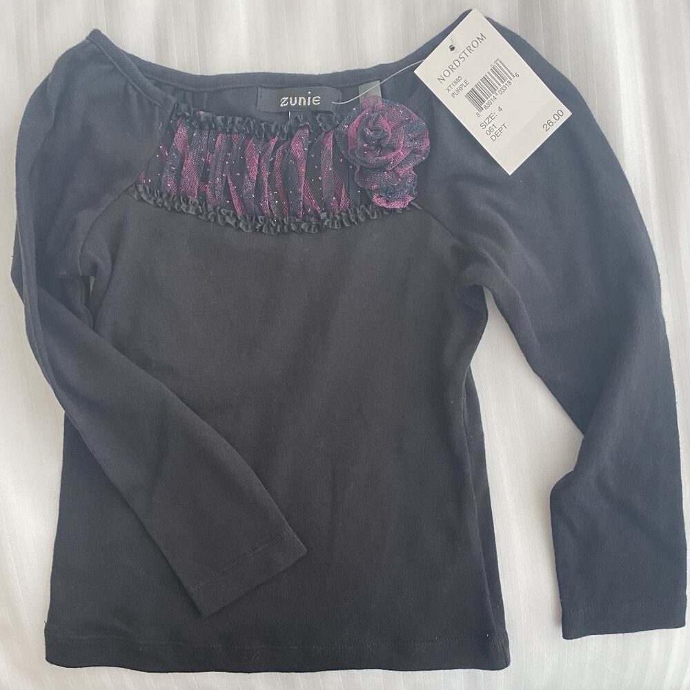 Zunie - Girl's Balck Long-Sleeve Top - Decorative Collar - Size 4